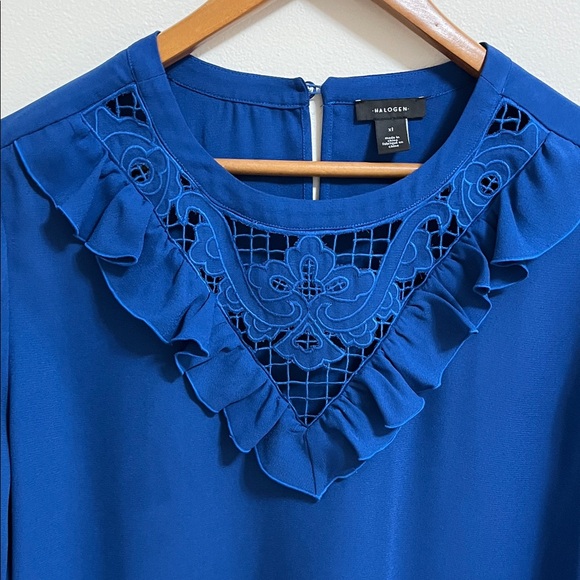 Halogen Cobalt Blue Ruffle Cutout Eyelet Long-Sleeve Detail Blouse Top Size XL - Picture 3 of 10